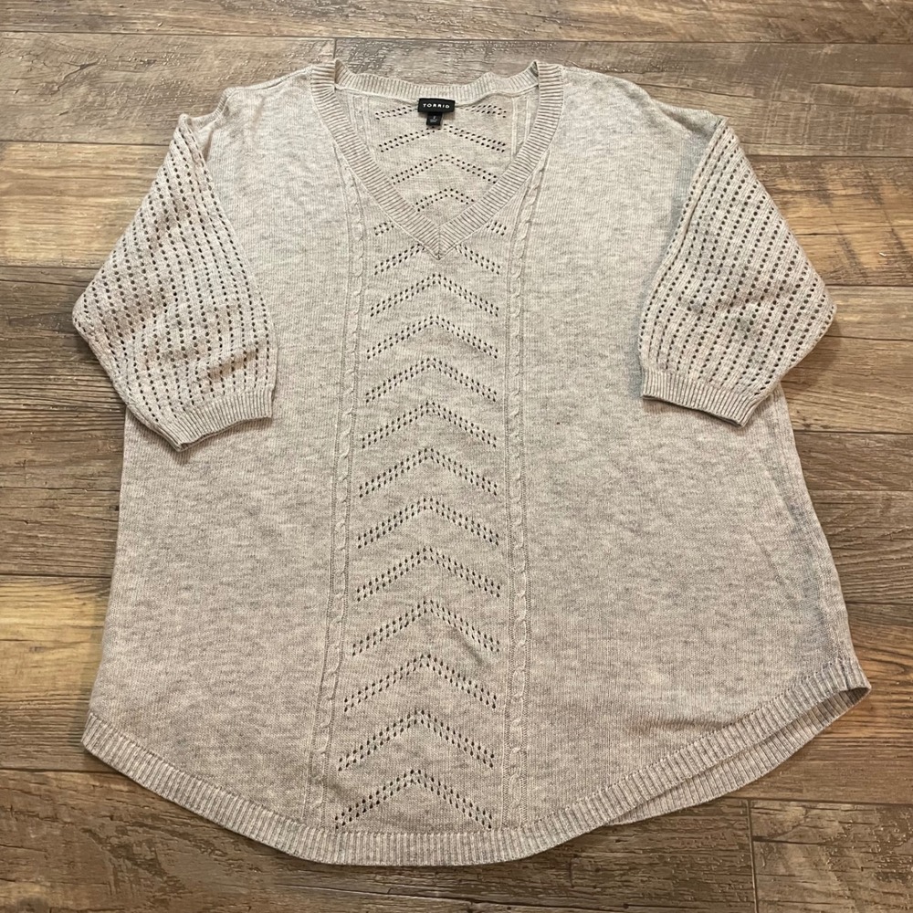 Torrid Grey Pointelle Chevron V-Neck Sweater 3/4 Sleeve Plus Size 2 2X